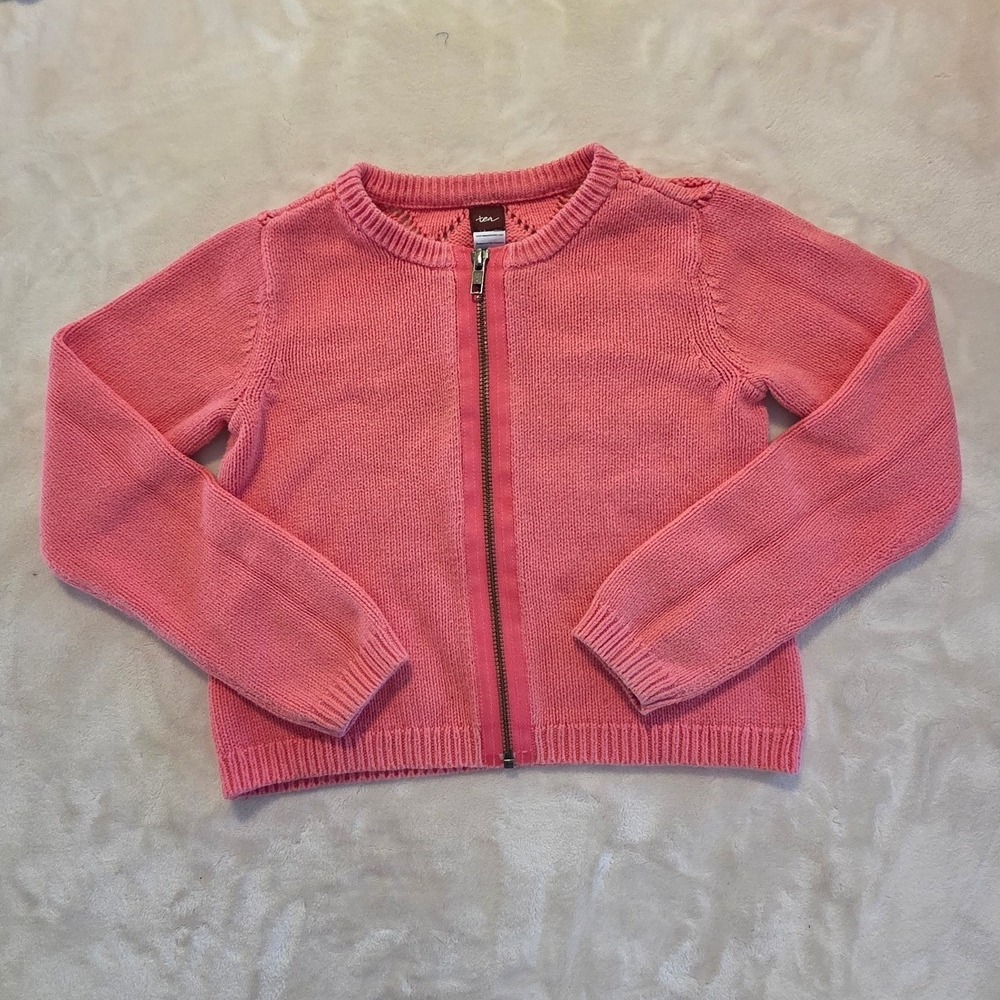 Tea‎ Collection Girl Spring Zip Up Knit Cardigan Medium Pink Diamond Back Medium